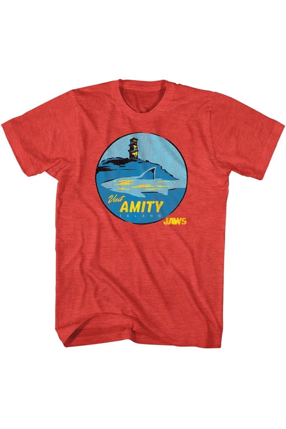 Jaws Visit Amity Island Shark Men's T Shirt (RedHeather, AdultS)