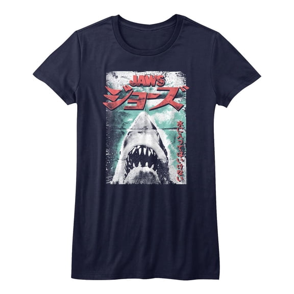 Jaws Worn Japanese Poster Navy Junior Women's T-Shirt