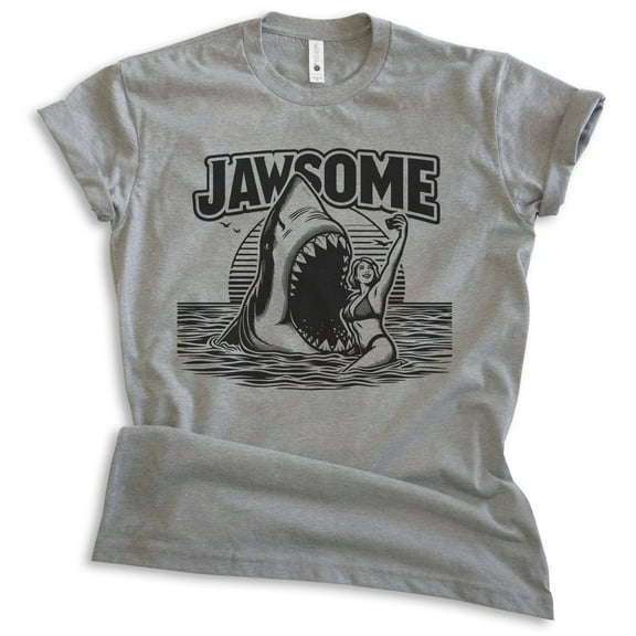 Jawsome Shark T-shirt, Unisex Women's Men's Shirt, Shark Pun Great White Week Summer Saying Beach, Dark Heather Gray, X-Large