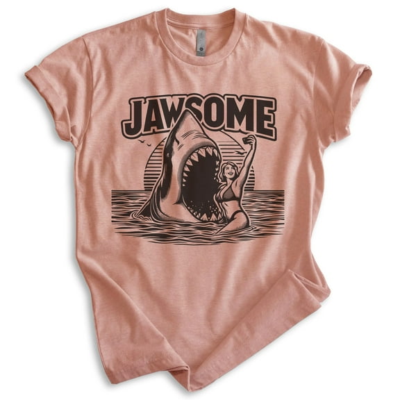 Jawsome Shark T-shirt, Unisex Women's Men's Shirt, Shark Pun Great White Week Summer Saying Beach, Heather Sunset, X-Small