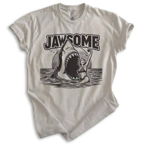 Jawsome Shark T-shirt, Unisex Women's Men's Shirt, Shark Pun Great White Week Summer Saying Beach, Light Silk Gray, Large