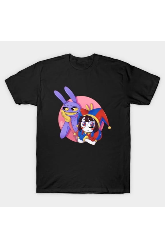 Jax And Pomni Retro Cartoon Jester And Purple Rabbit Design Unisex T-Shirt, up to size 3XL.