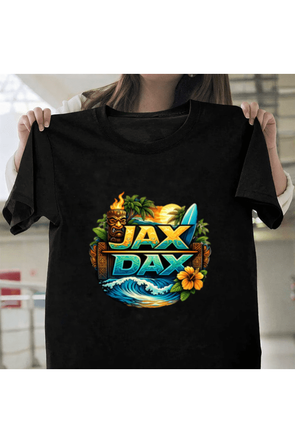 Jax DAX Logo Scene Retro Beachside Ocean Coastline Surfing Unisex T-Shirt, up to size 3XL.