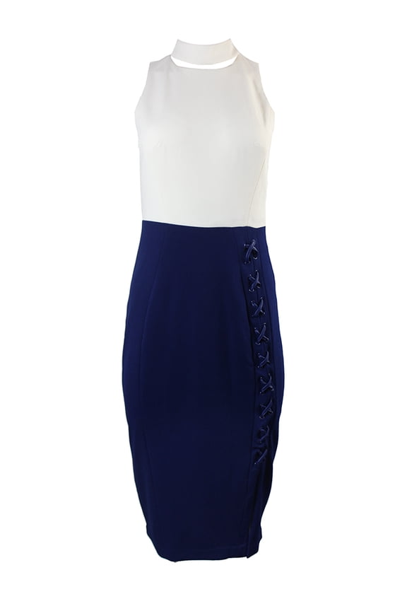 Navy White Sleeveless Choker-Neck Crepe Sheath Dress 2