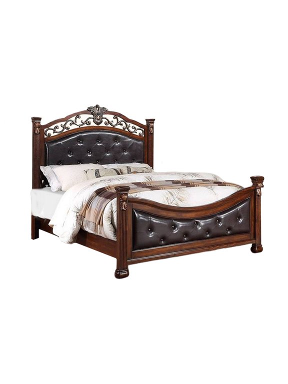 Jax Traditional Queen Size Bed Tufted Upholstered Headboard Cherry Brown