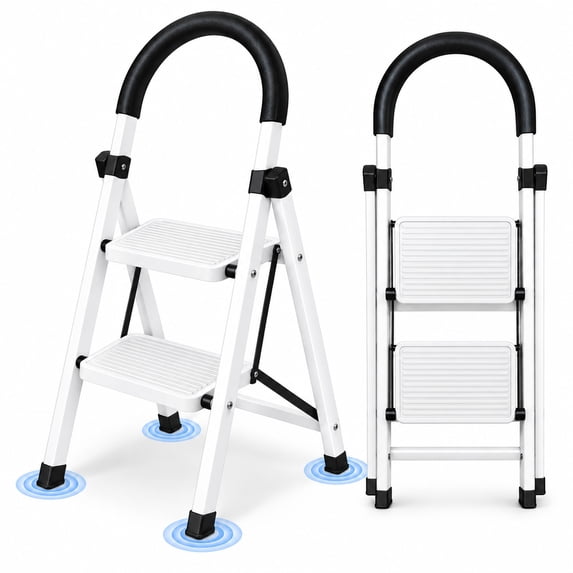 JaxSteam 2-Step Folding Ladder, 330 lbs Capacity Steel Step Stool with Rounded Handrail, Wide Non-Slip Steps, White