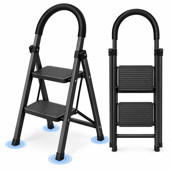JaxSteam 2-Step Folding Ladder, 330 lbs Capacity Steel Step Stool with Rounded Handrail, Wide Non-Slip Steps, Black