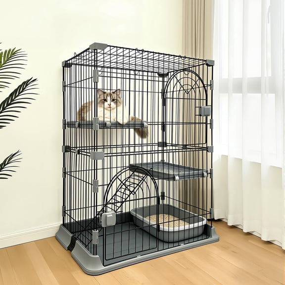 JaxSteam 35" H 3 Tier Cat Enclosure for 1-3 Cats, 2 Door Wire Cat Crate with Platforms,Gray