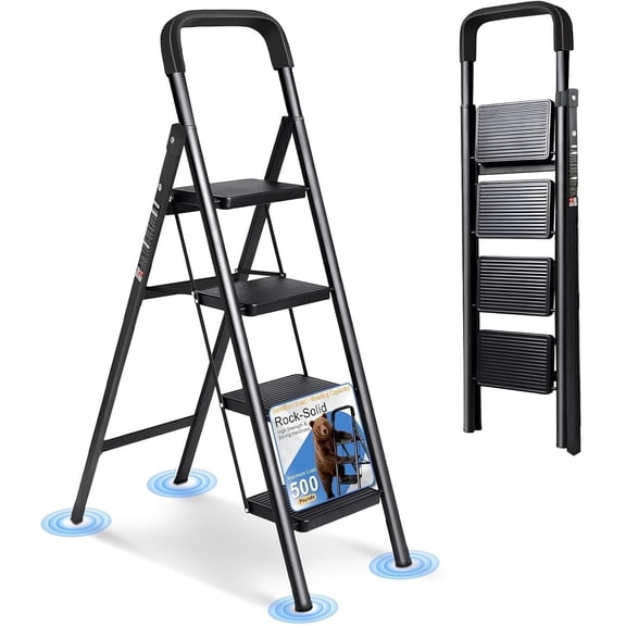 JaxSteam 4-Step Folding Ladder with Flat Top Handrail, Steel Step Stool with Wide Non-Slip Steps, Black