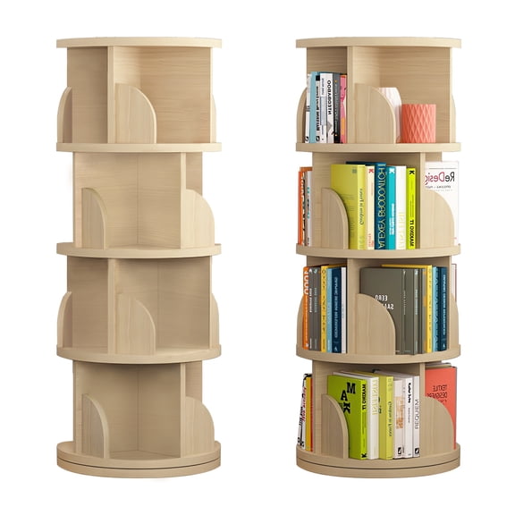 JaxSteam 4-Tier 360° Rotating MDF Bookshelf, 49.8" Spinning Corner Bookcase Tower, Natural Wood Finish