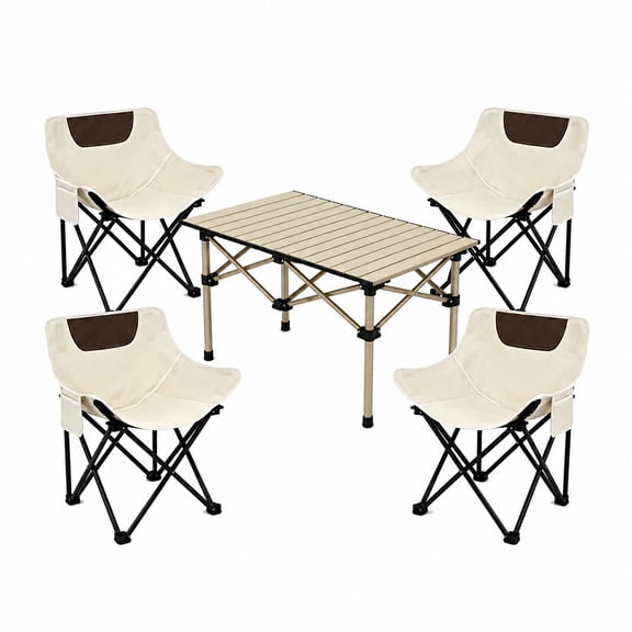 JaxSteam 5-Piece Folding Camping Table and Chairs Set with 4 Moon Chairs, Side Pockets and Carry Bag, Beige