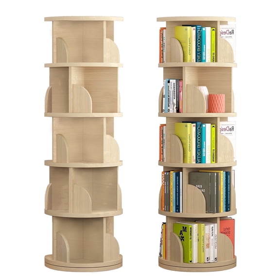 JaxShark 5-Tier 360° Rotating Bookshelf, 62" Tall Freestanding Bookcase, Wood