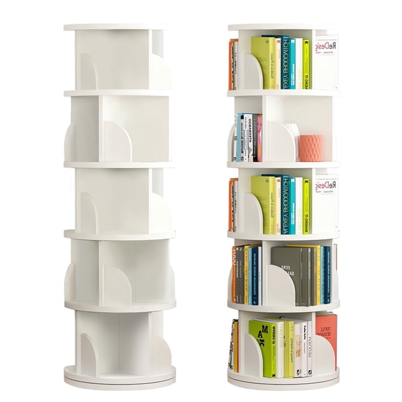JaxShark 5-Tier 360° Rotating Bookshelf, 62" Tall Freestanding Bookcase, White