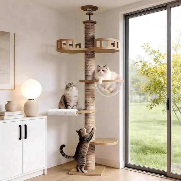JaxShark Floor to Ceiling Tall Cat Tree 92-102'' Light Oak Cat Condo with Scratching Tower Thick