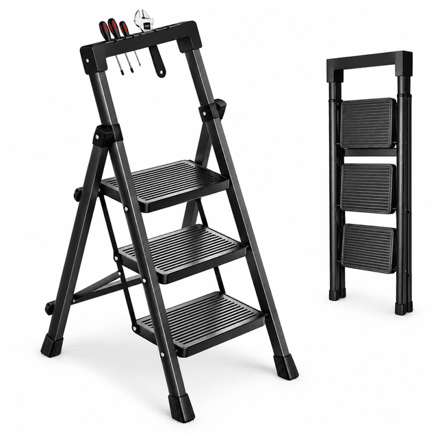 JaxSteam 3-Step Folding Ladder with Tool Tray 500 lbs Steel Step Stool ...