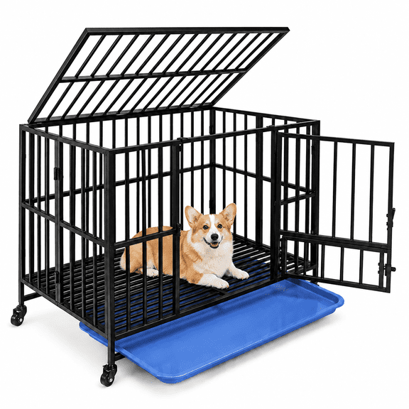 JaxSteam 38 Inch Heavy Duty Dog Crate with Wheels, Foldable Steel Dog Kennel, Tool-Free Quick Setup, Black