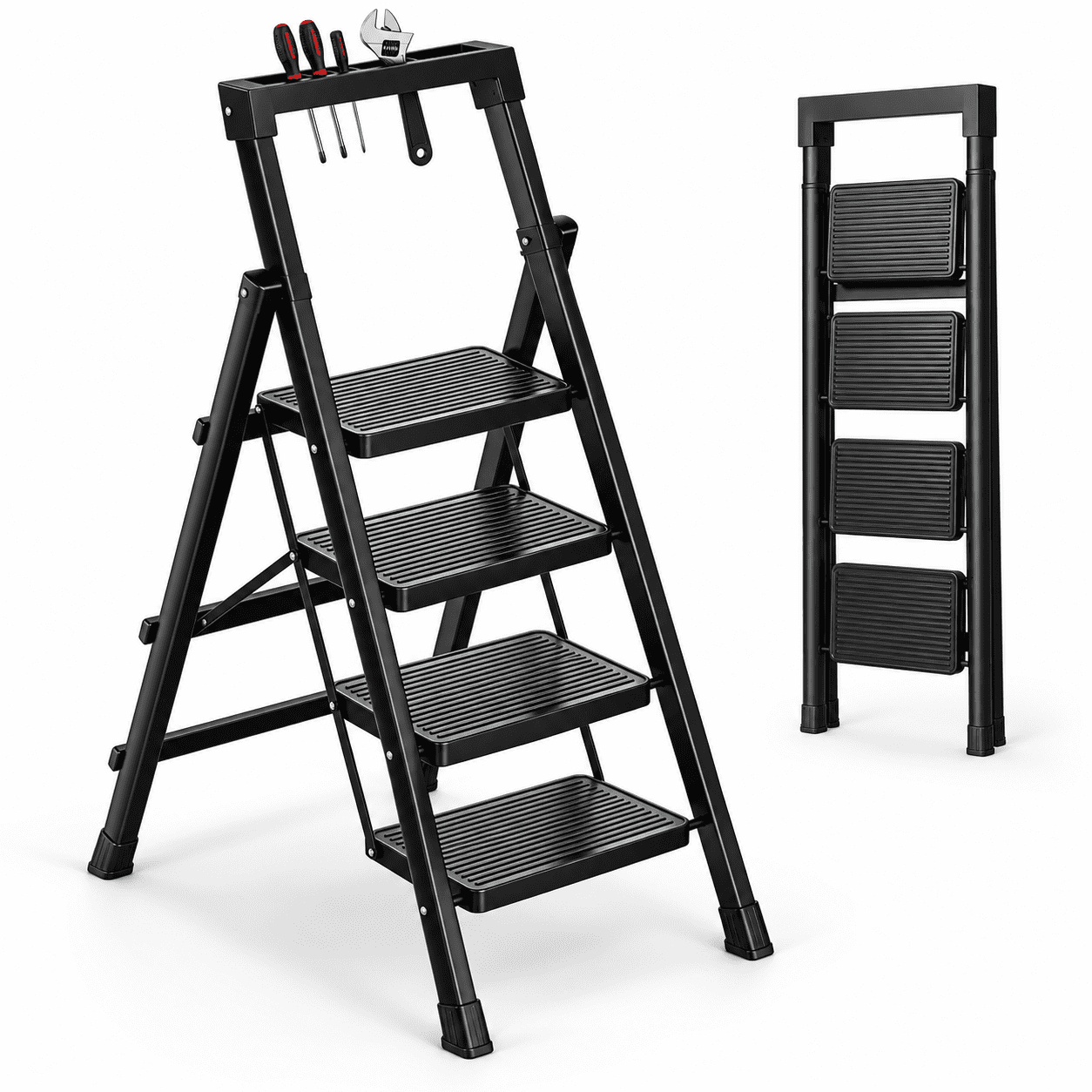 JaxSteam 4-Step Folding Ladder with Tool Tray 500 lbs Steel Step Stool ...