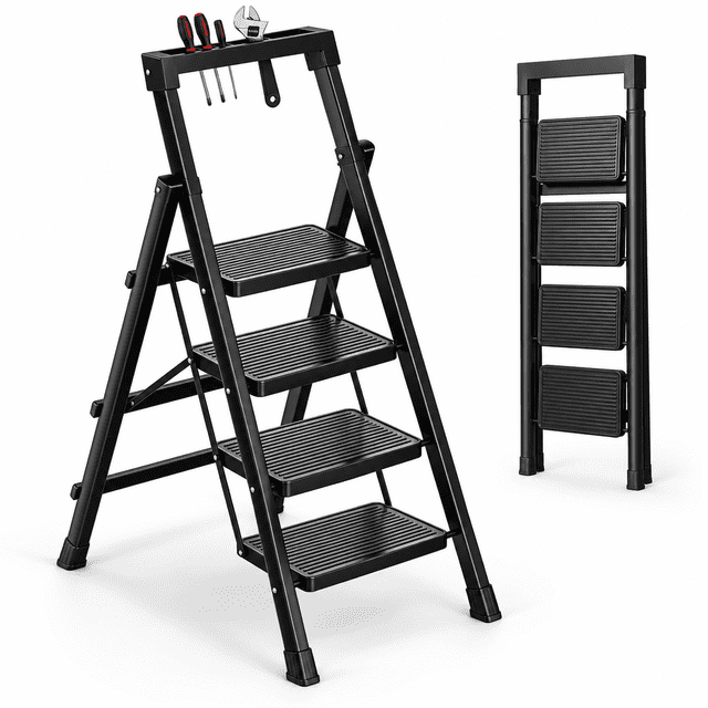 JaxSteam 4-Step Folding Ladder with Tool Tray 500 lbs Steel Step Stool ...