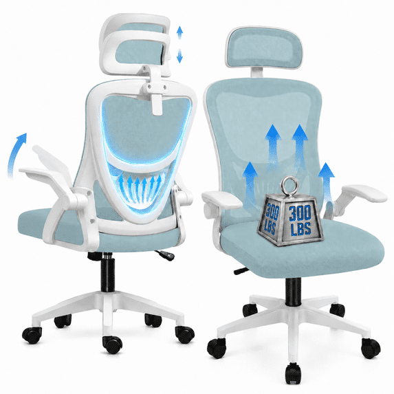 JaxSteam Ergonomic Office Chair High Back Mesh Desk Chair with Headrest Adjustable Armrest Height,White-Blue