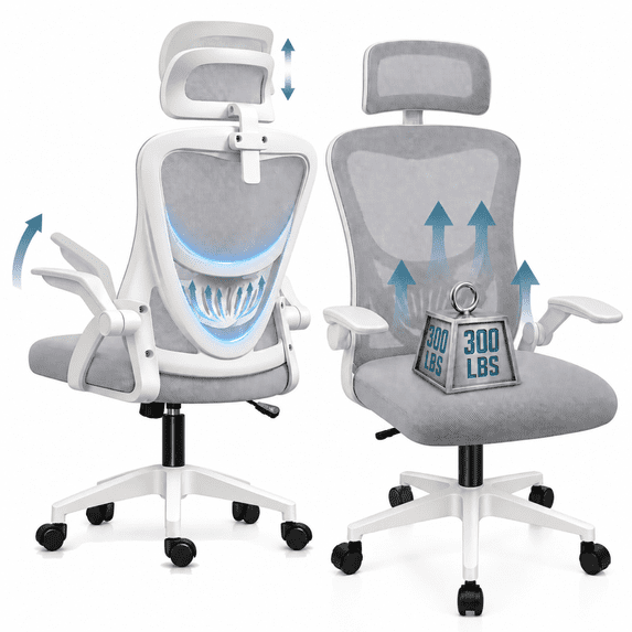 JaxSteam Ergonomic Office Chair High Back Mesh Desk Chair with Headrest Adjustable Armrest Height,White-Gray