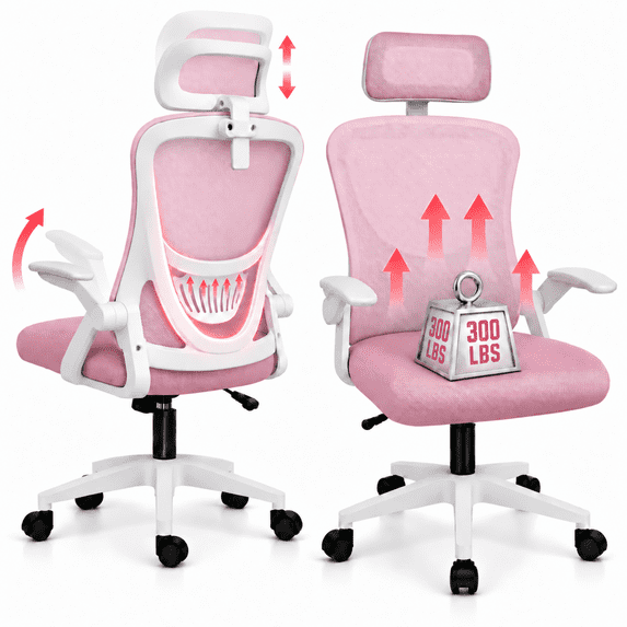 JaxSteam Ergonomic Office Chair High Back Mesh Desk Chair with Headrest Adjustable Armrest Height,White-Pink