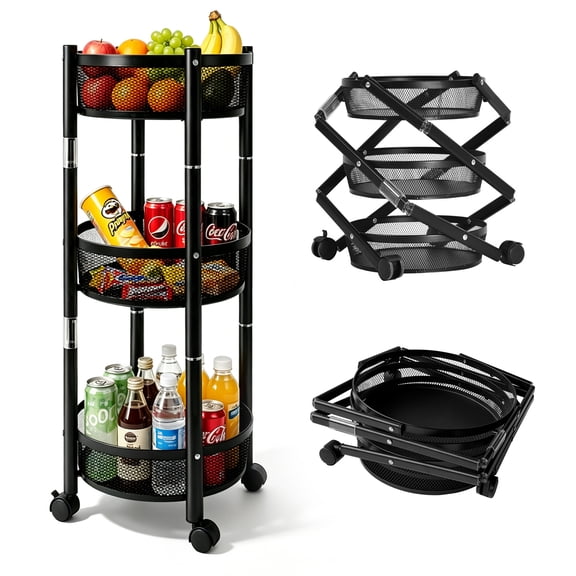 JaxSteam Foldable 3-Tier Round Rolling Storage Cart No Assembly Metal Wire Mesh Utility Cart,Black