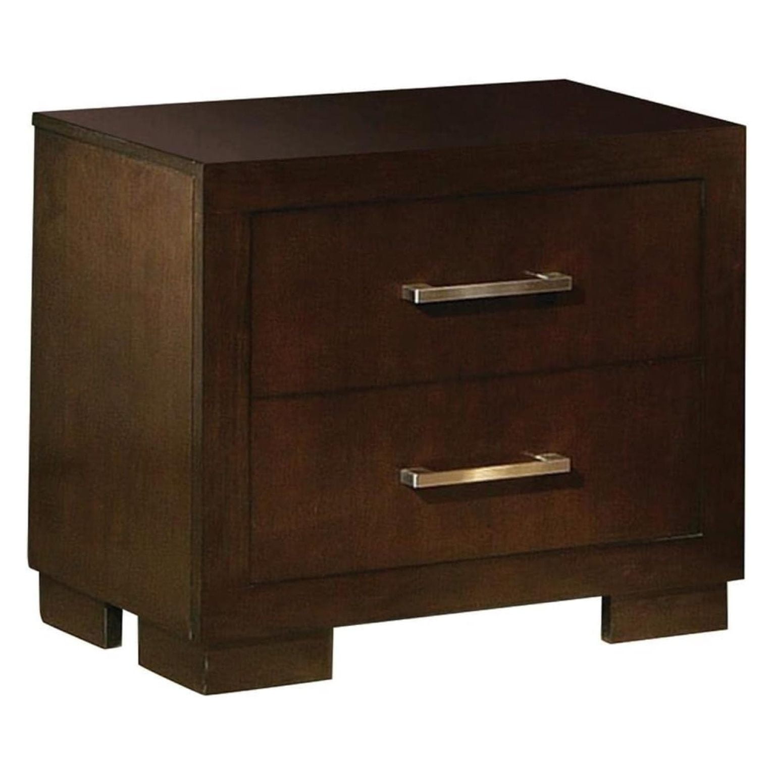 Transitional Cappuccino Brown 2-Drawer Nightstand with Silver Tone Bar Handles