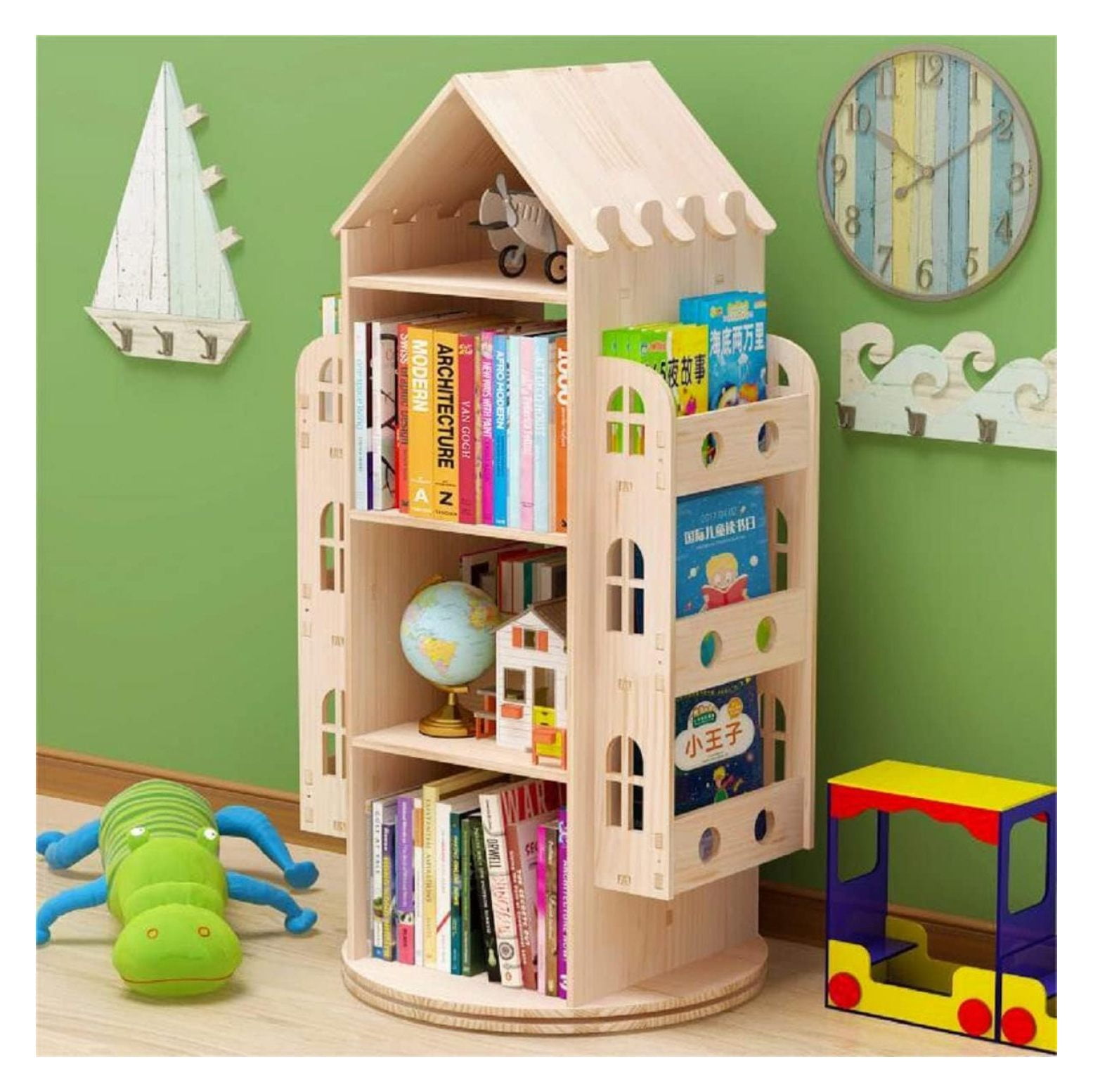 Jaxnfuro Large Rotating Bookshelf 360 Degree, Wood Castle Bookshelf