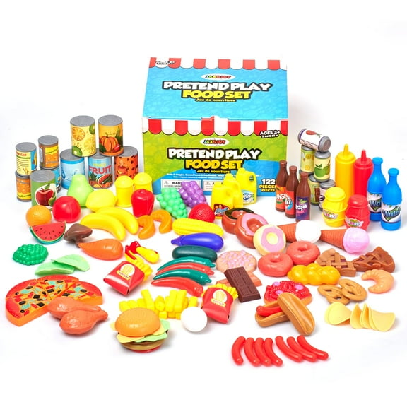 Jaxojoy 122 Piece Pretend Food Set for Kids - Food Toys for Kids Kitchen Set - Pretend Play Kitchen Accessories and Playset for Interactive and Imaginative Activities