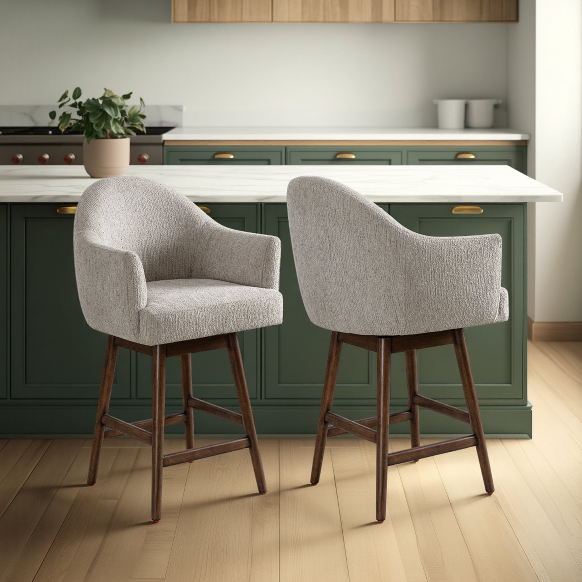 Jaxon Brown Solid Wood Upholstered 26" Counter Height Swivel Barstool with Morning Fog Fabric Seat - Set of 2