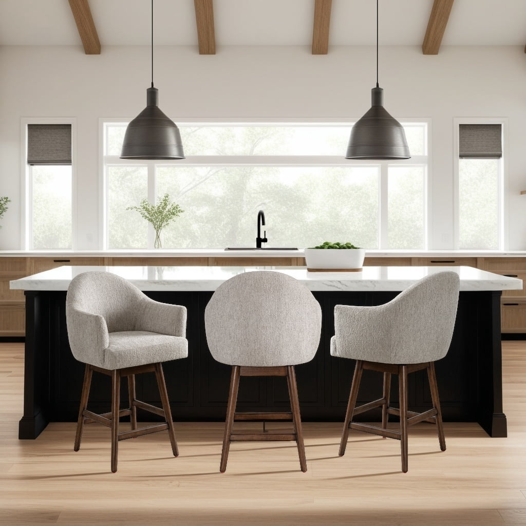 Jaxon Brown Solid Wood Upholstered 26" Counter Height Swivel Barstool with Morning Fog Fabric Seat - Set of 3