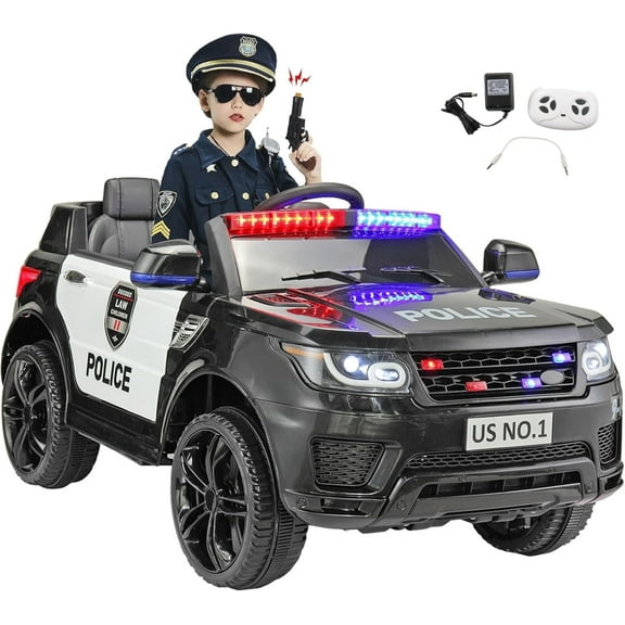 Jaxpety 12V Kids Car Ride on Police Car, 1-Seater Kids Ride on Pickup, 2WD Motors, with Remote Control, Bluetooth, LED Lights, Spring Suspension, for Kids Aged 3+, Black