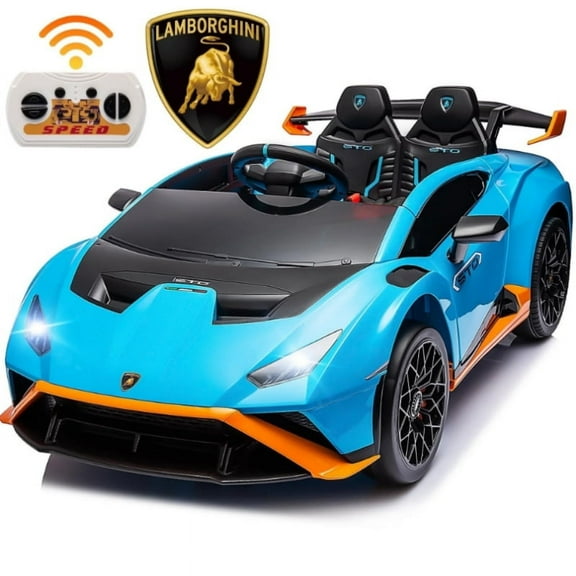 Jaxpety 12V Kids Ride on Car,Lamborghini STO Battery Powered Sports Car W/Remote Control/Music/360° Spin/Drift/Usb/LED Light, Blue