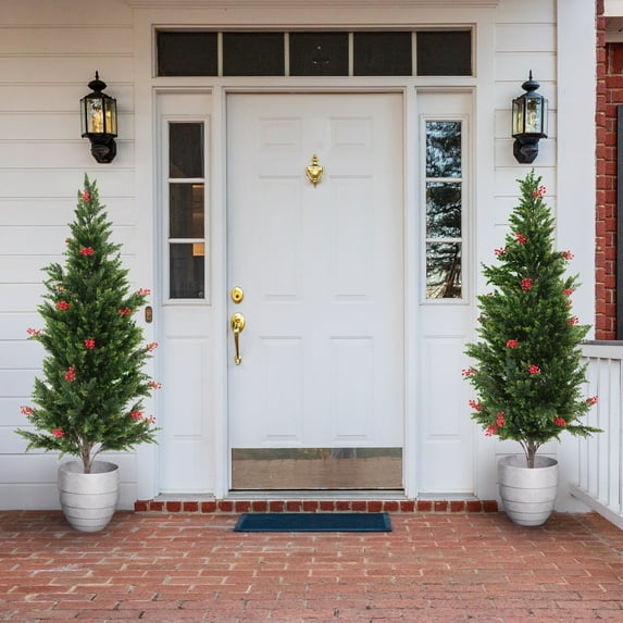 Jaxpety 2 Pack 5.25ft Artificial Cedar Topiary Trees Outdoor with Red Berries, Fake Evergreen Tree Potted Pine Plants for Home Front Porch Decor