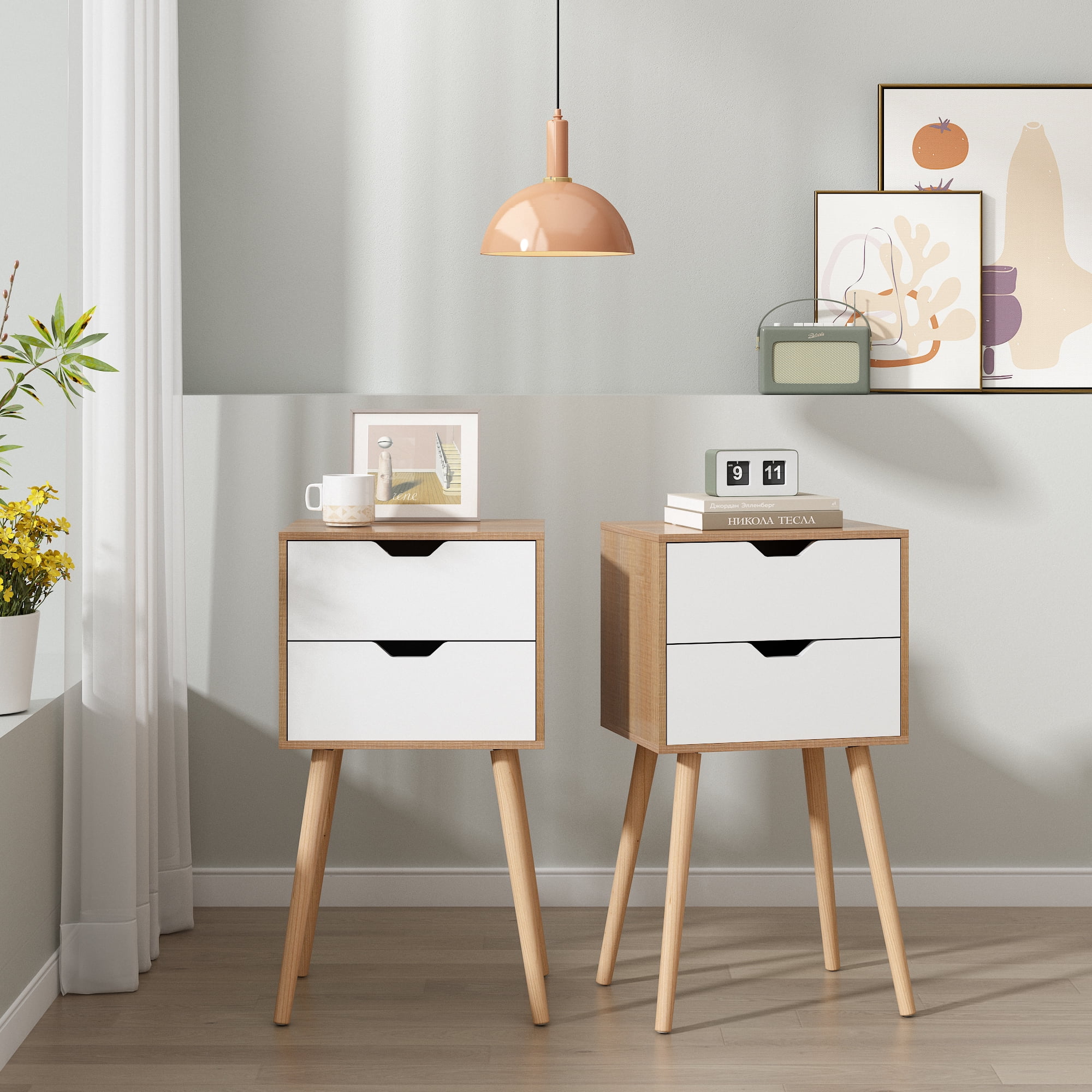 Natural and White 2-Drawer Mid-Century Modern Nightstands Set