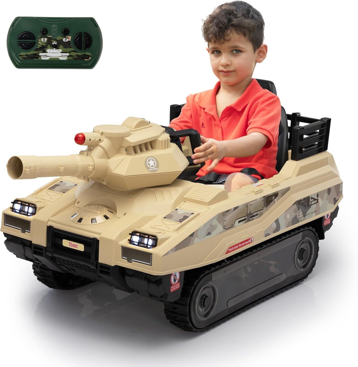 24V Yellow Battery-Powered Ride-On Tank with Remote Control