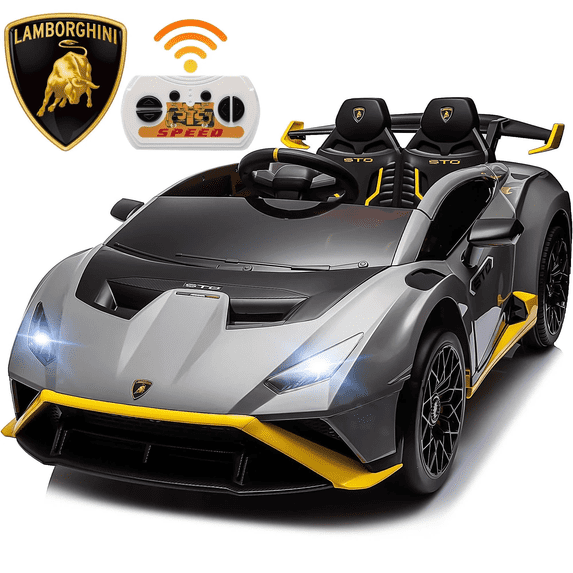 Jaxpety 24V Kids Ride on Car,Lamborghini STO Battery Powered Sports Car W/Remote Control/Music/360° Spin/Drift/Usb/LED Light, Gray