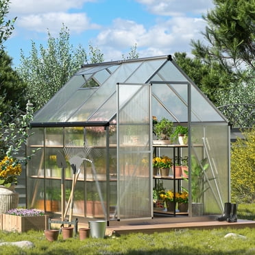 Jaxpety 6'x 8' Walk-in Polycarbonate Greenhouse with Aluminum Frame Lockable Doors Opening Windown, Outdoor Greenhouse,Silver