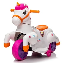 Jaxpety 6V Children's Unicorn Rocking Horse Pony Toy Car for 3 to 6 Years Battery Powered with Music, Training Wheels, Rose