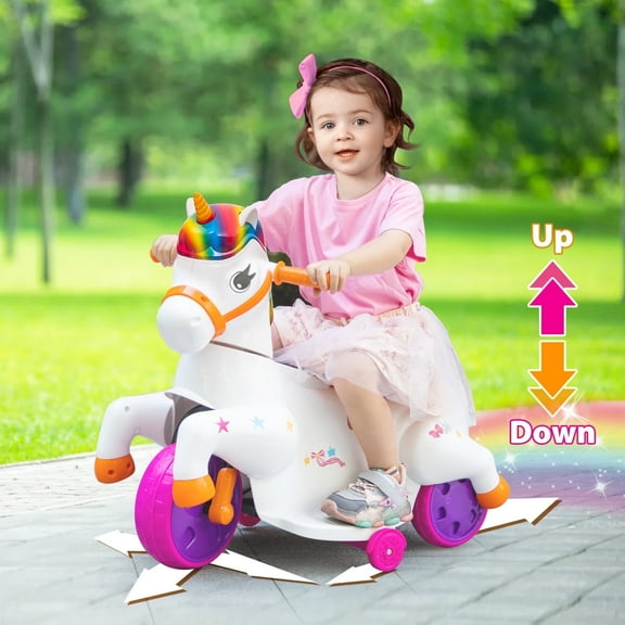 Jaxpety 6V Kids Ride on Unicorn, Rocking Horse Pony Toy Electric Car for Boys Girls w/ Music, Training Wheels, Colorful