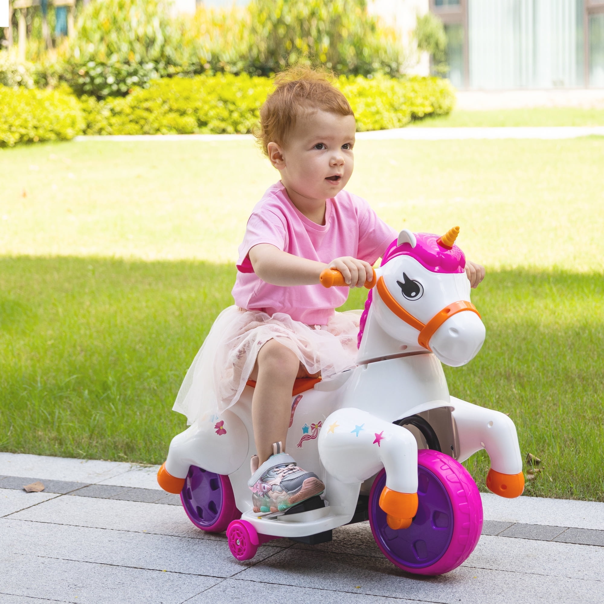 Jaxpety Ride on Unicorn,6V Electric Rocking Horse with Music,Charging Battery,Great Gift for Kids 3-6 Years Old,Rose Red