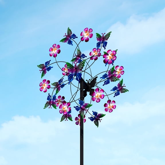 Jaxpety 78.7" Colorful Metal Butterfly Windmill, 360° Wind Art Ornament with Dual Rotors for Outdoor Yard Lawn Decoration, Gradient Purple
