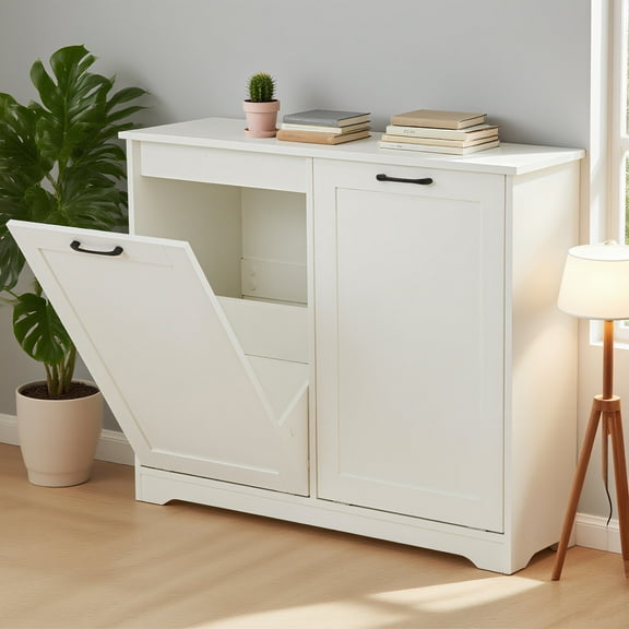 Jaxpety Double Tilt Out Trash Can Cabinet with Deodorizing Function, 20 Gallon Wooden Kitchen Garbage Can Freestanding Holder, White