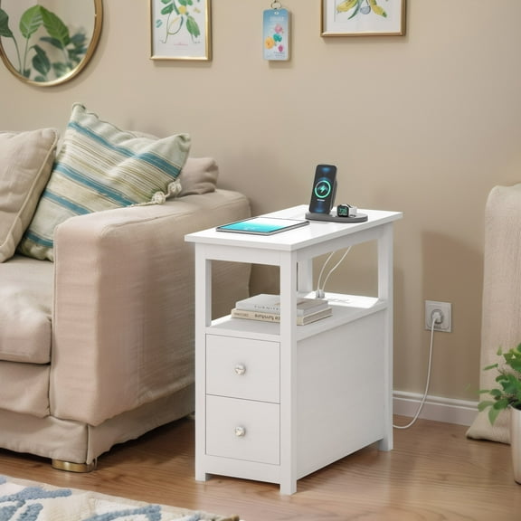 Jaxpety End Table with Charging Station, 4-Tier Small Side Table with 2 Drawers & USB Ports & Power Outlets for Small Spaces, Nightstand for Living Room, Bedroom, White, 1PC