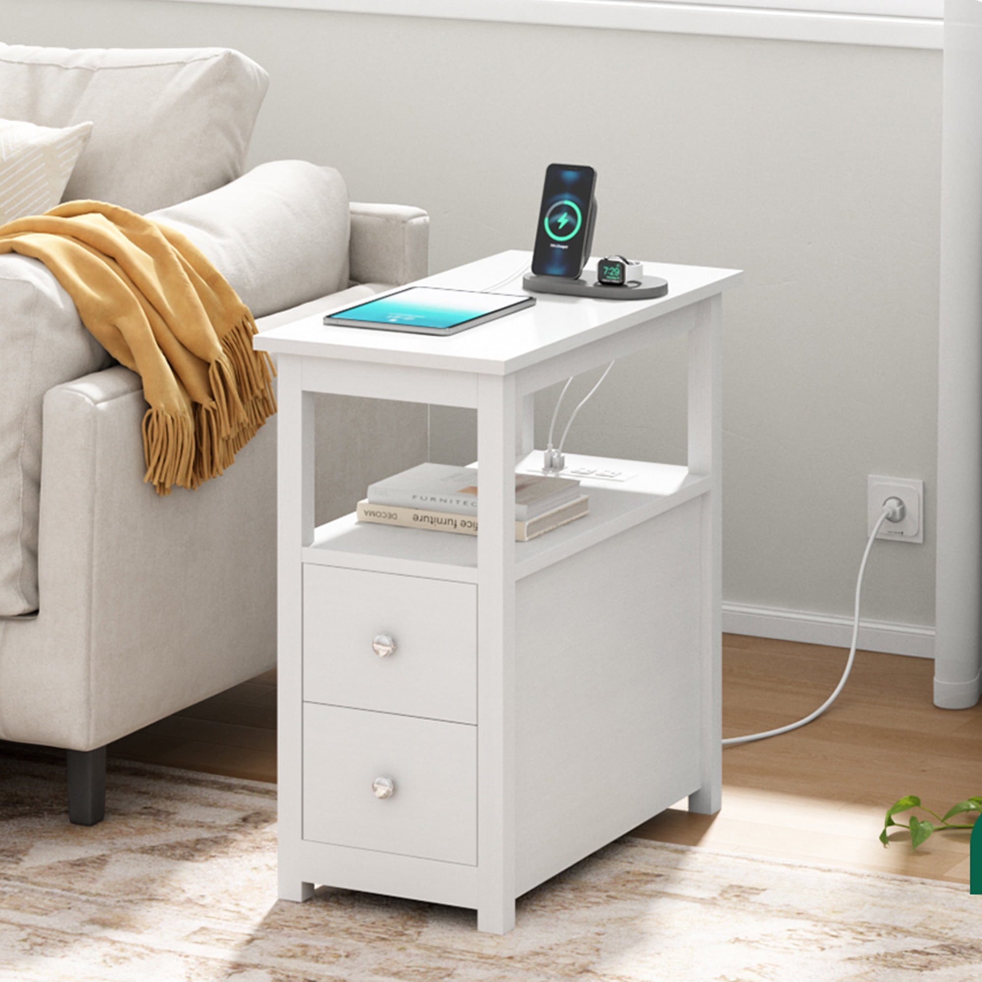 Jaxpety End Table with Charging Station 4 Tier Small Side Table with 2 Drawers USB Ports Power Outlets for Small Spaces Nightstand for Living