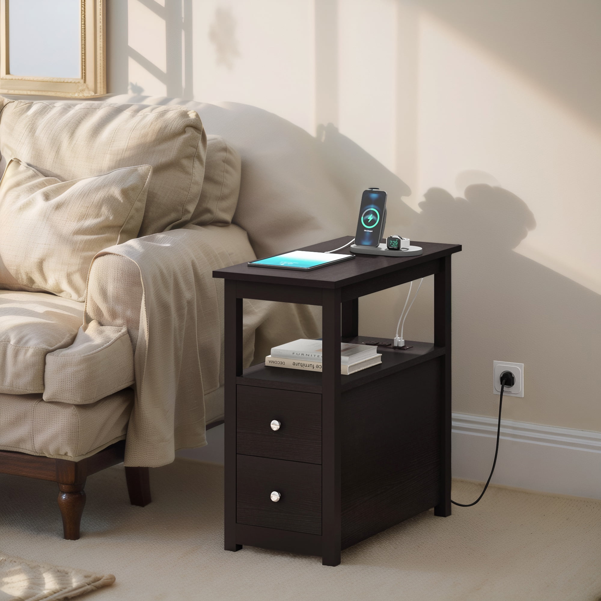 Jaxpety small end table with cup holder electric charging 2024 station 2 usb ports & power strip home office
