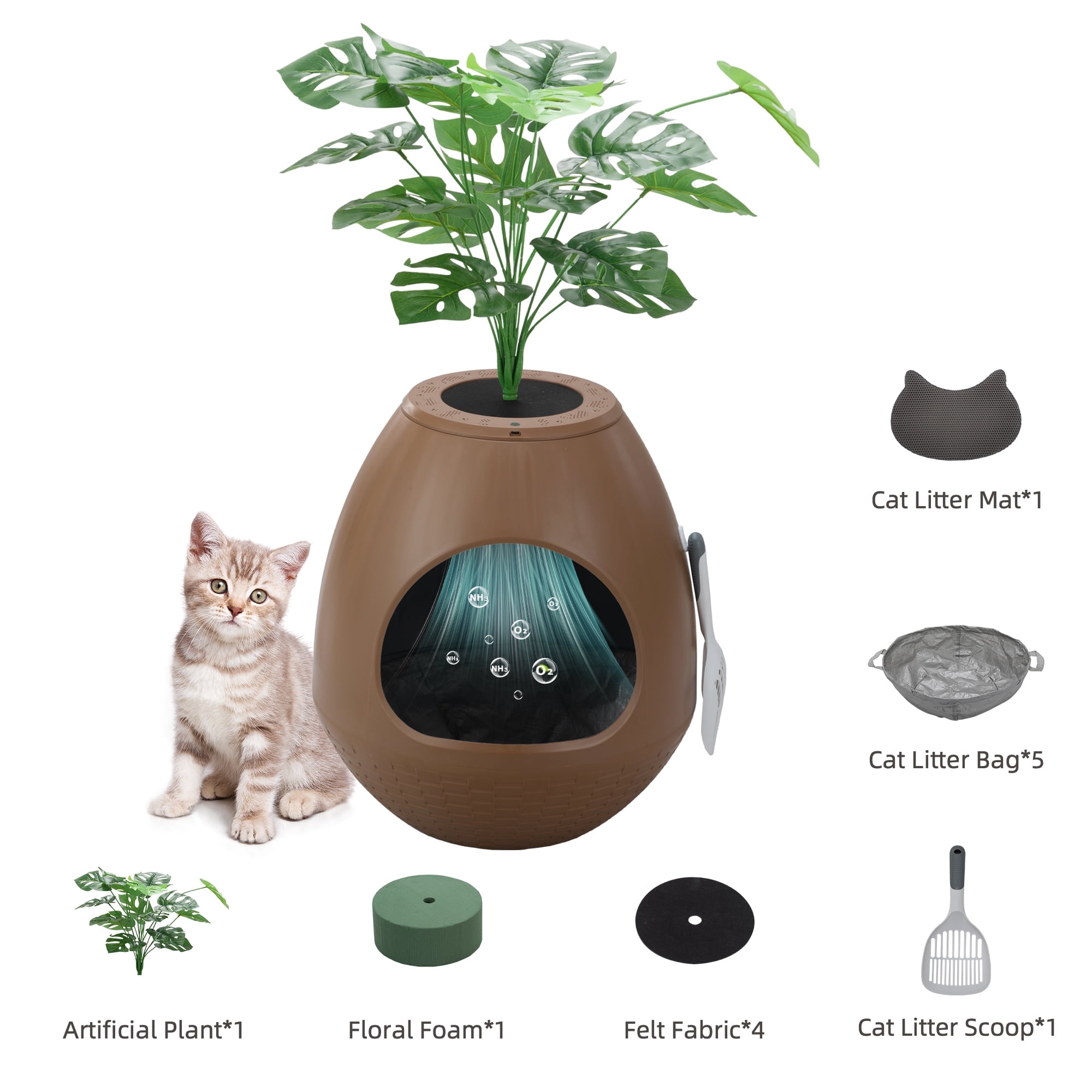 Jaxpety Large Smart Plant Litter Box with Deodorization System, Artificial Plants,5 Cat Litter Bags,Light,Cat Litter Mat,Scoop,Brown