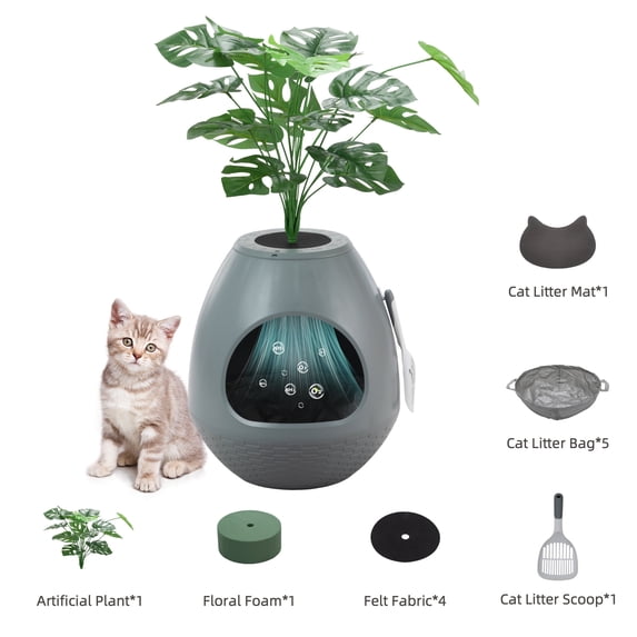 Jaxpety Large Smart Plant Litter Box with Deodorization System, Artificial Plants,5 Cat Litter Bags,Light,Cat Litter Mat,Scoop,Gray