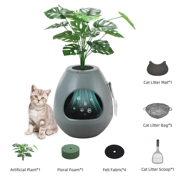 Jaxpety Large Smart Plant Litter Box with Deodorization System, Artificial Plants,5 Cat Litter Bags,Light,Cat Litter Mat,Scoop,Gray