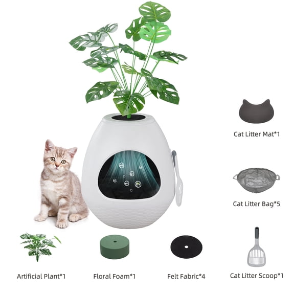 Jaxpety Large Smart Plant Litter Box with Deodorization System, Artificial Plants,5 Cat Litter Bags,Light,Cat Litter Mat,Scoop,White
